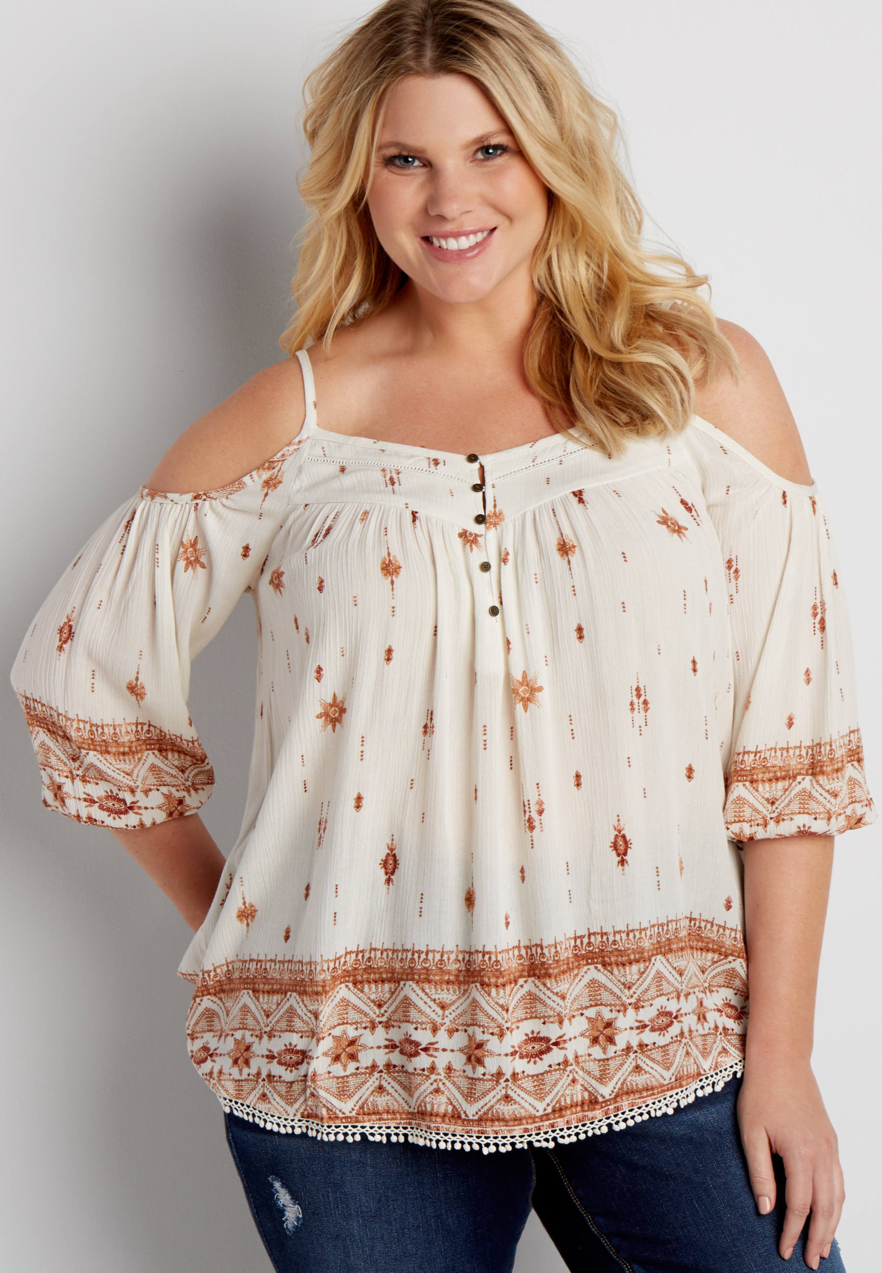 plus size peasant top with cold shoulders in ethnic print | maurices