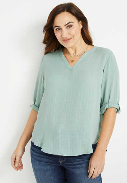 Plus Size Atwood Textured 3/4 Sleeve Popover Blouse