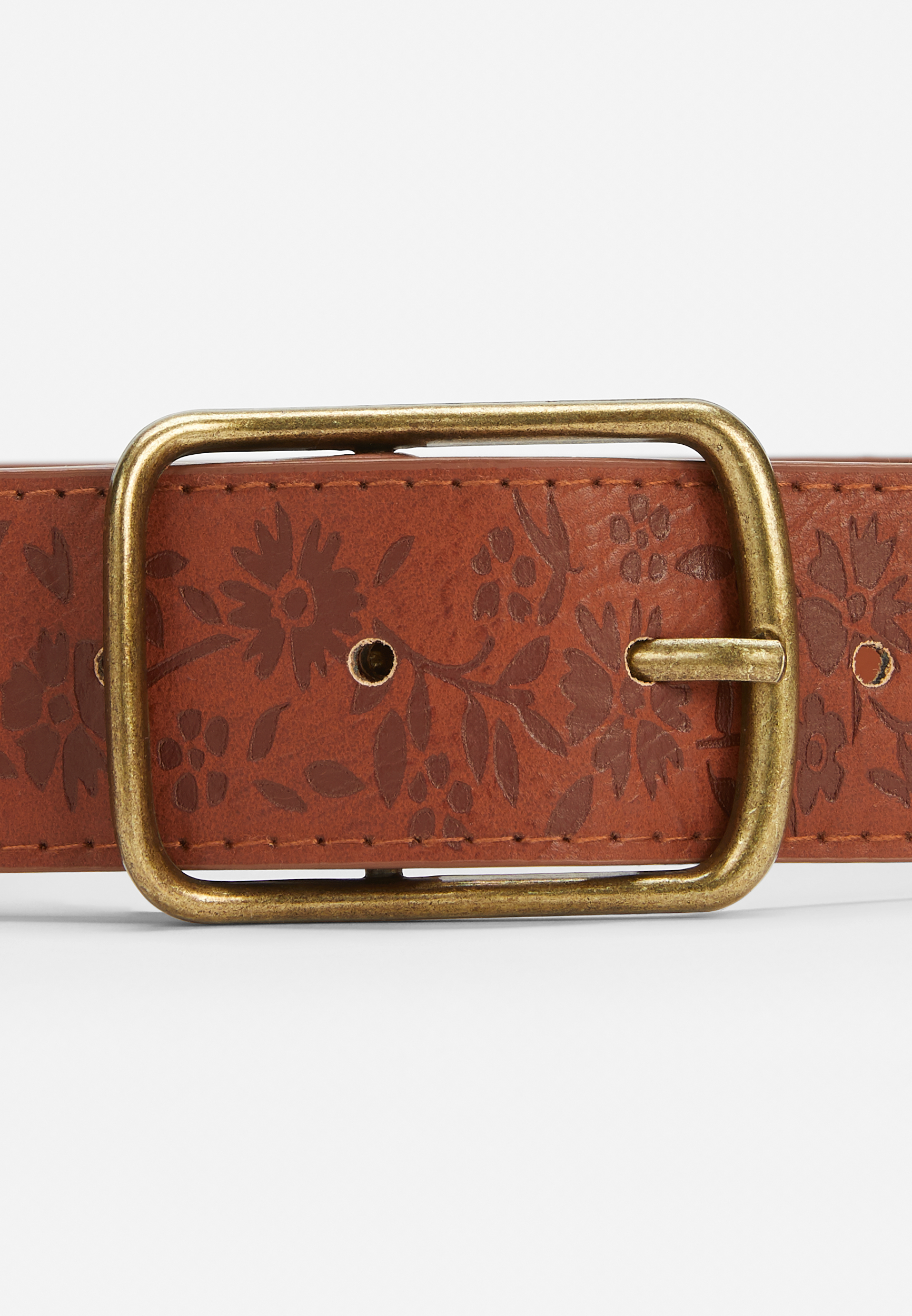 Brown Floral Embossed Belt, , large
