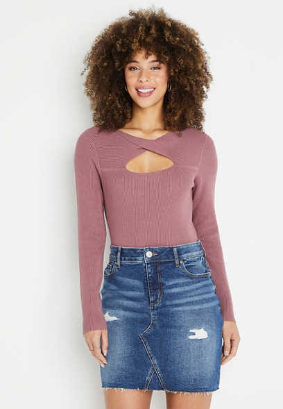Solid Twist Front Ribbed Sweater