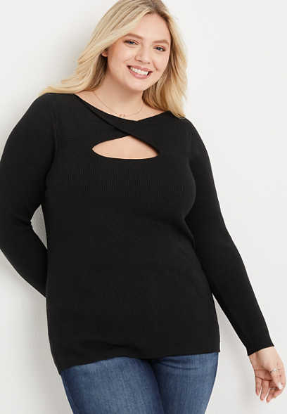 Plus Size Solid Twist Front Ribbed Sweater