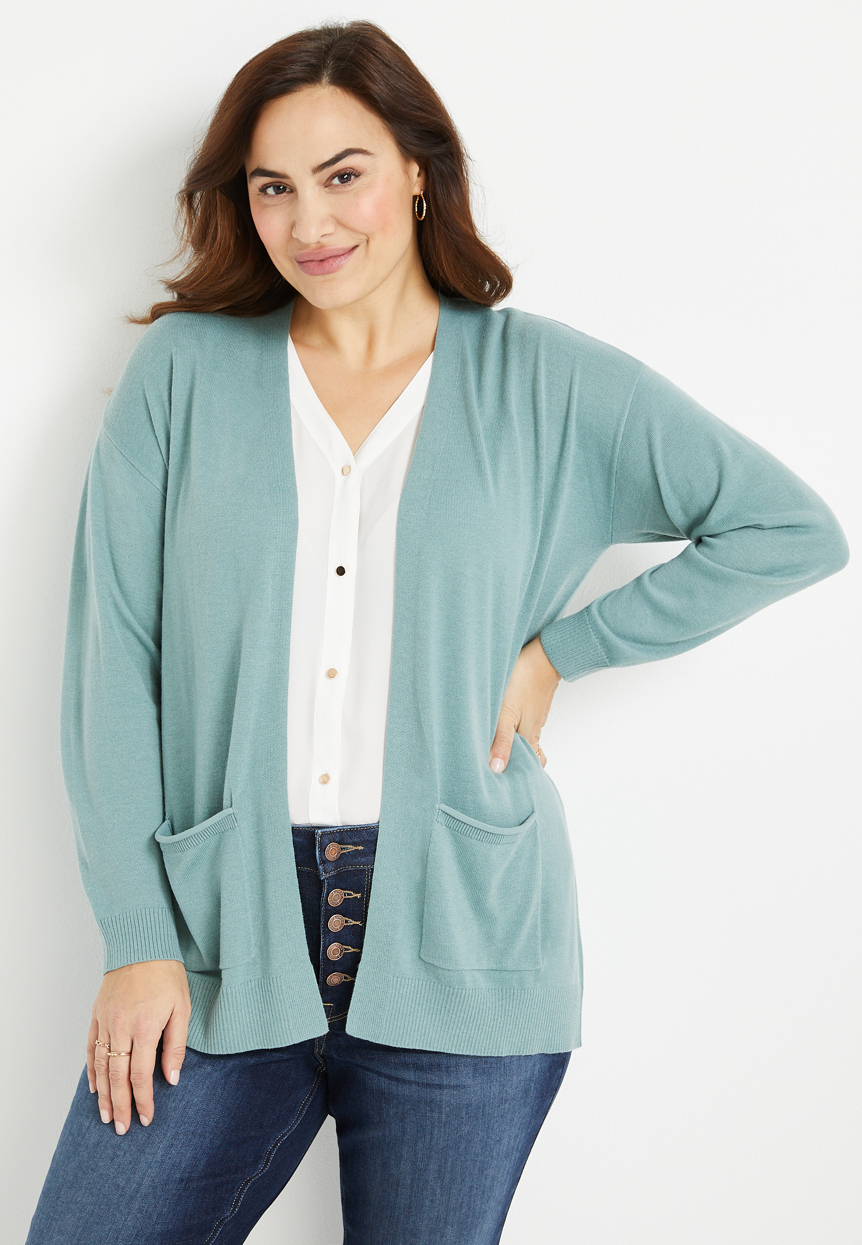 Plus Size Solid Open Front Pocket Cardigan | maurices