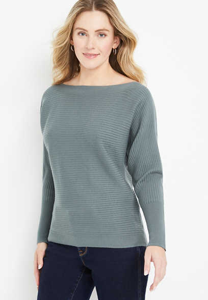 Solid Ribbed Wide Neck Sweater