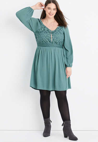 Plus Size Green Lace Bodice Mini Dress