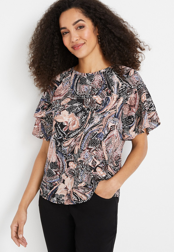 Black Paisley Flutter Sleeve Top | maurices
