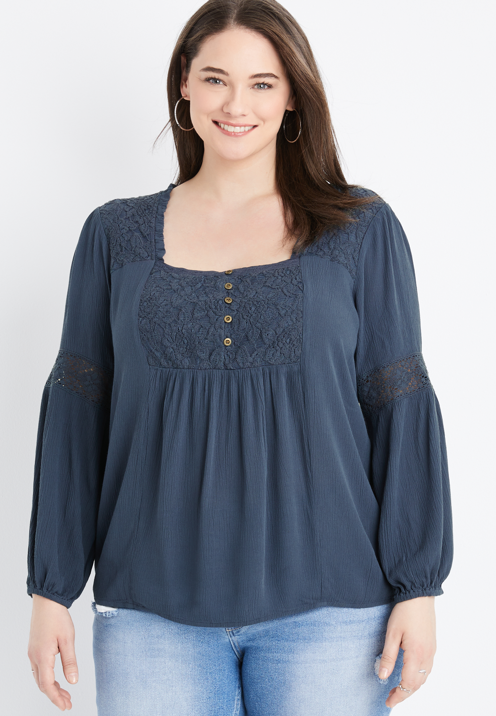Plus Size Navy Lace Peasant Blouse | maurices
