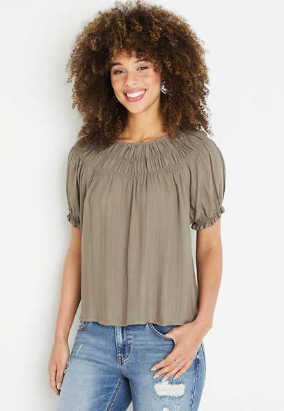 Solid Ruched Neck Blouse