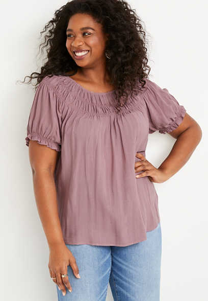 Plus Size Solid Ruched Neck Blouse