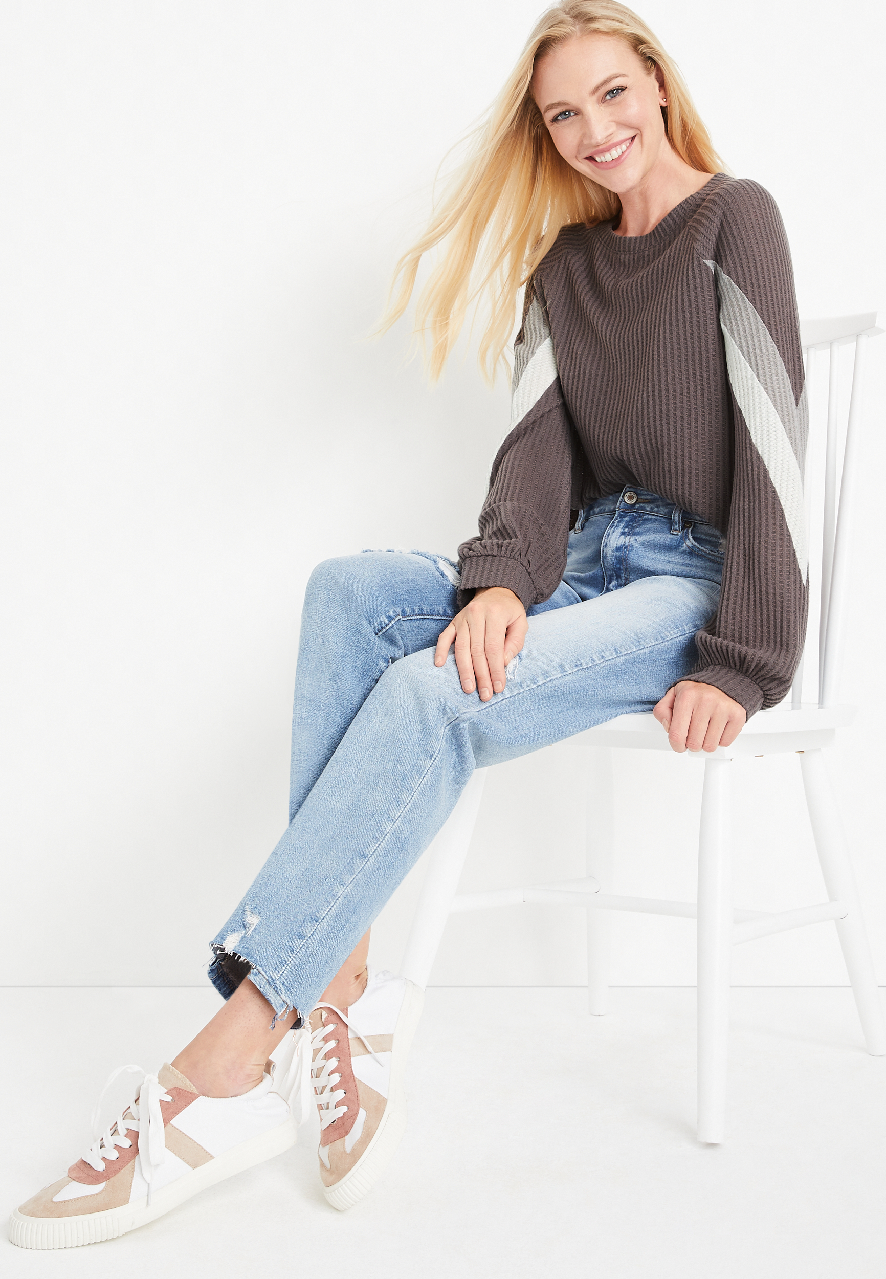 Brown Chevron Striped Long Sleeve Tee, C5975, large