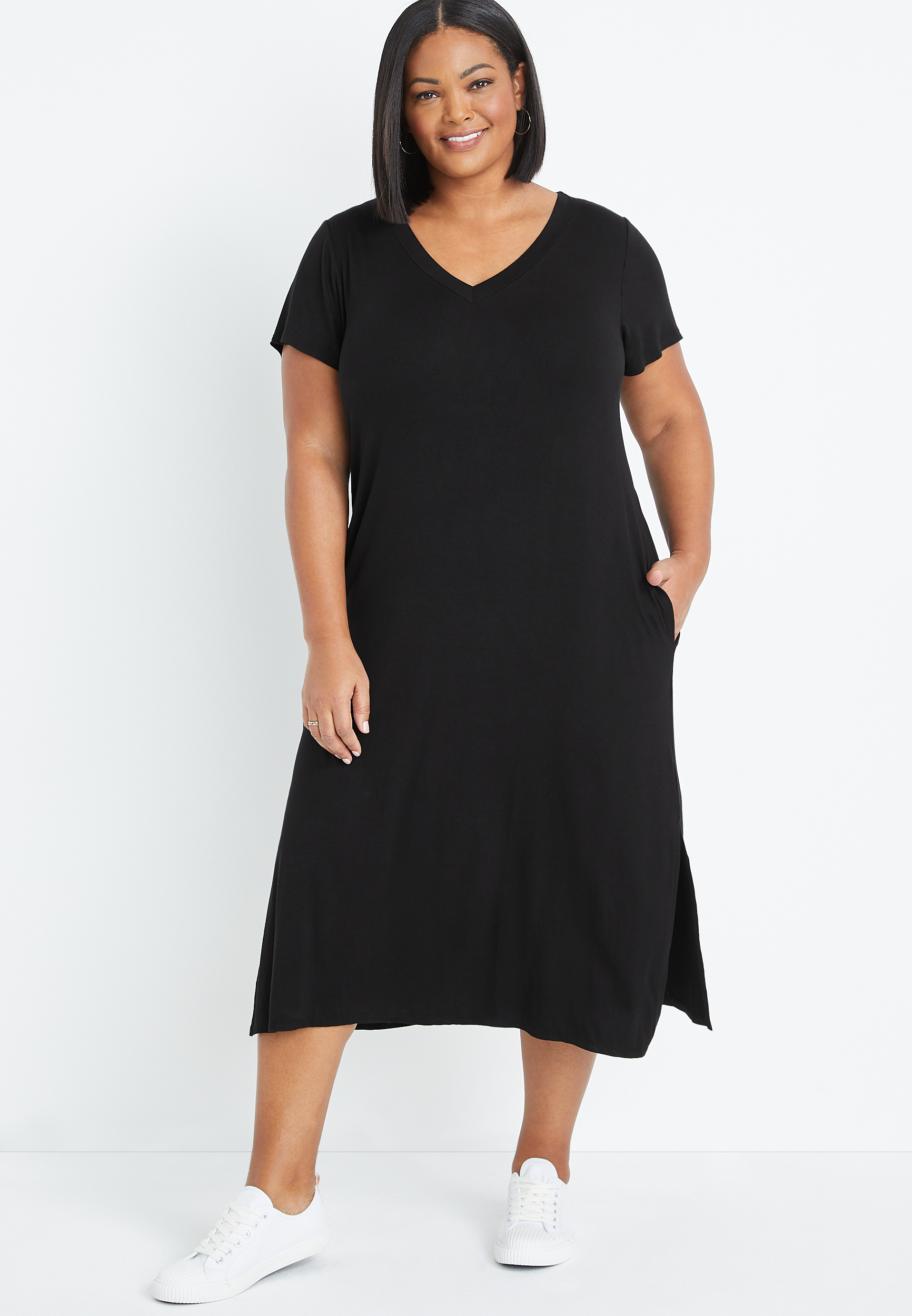 Plus Size 24/7 Black V Neck Midi Dress | maurices