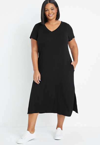 Plus Size 24/7 Black V Neck Midi Dress