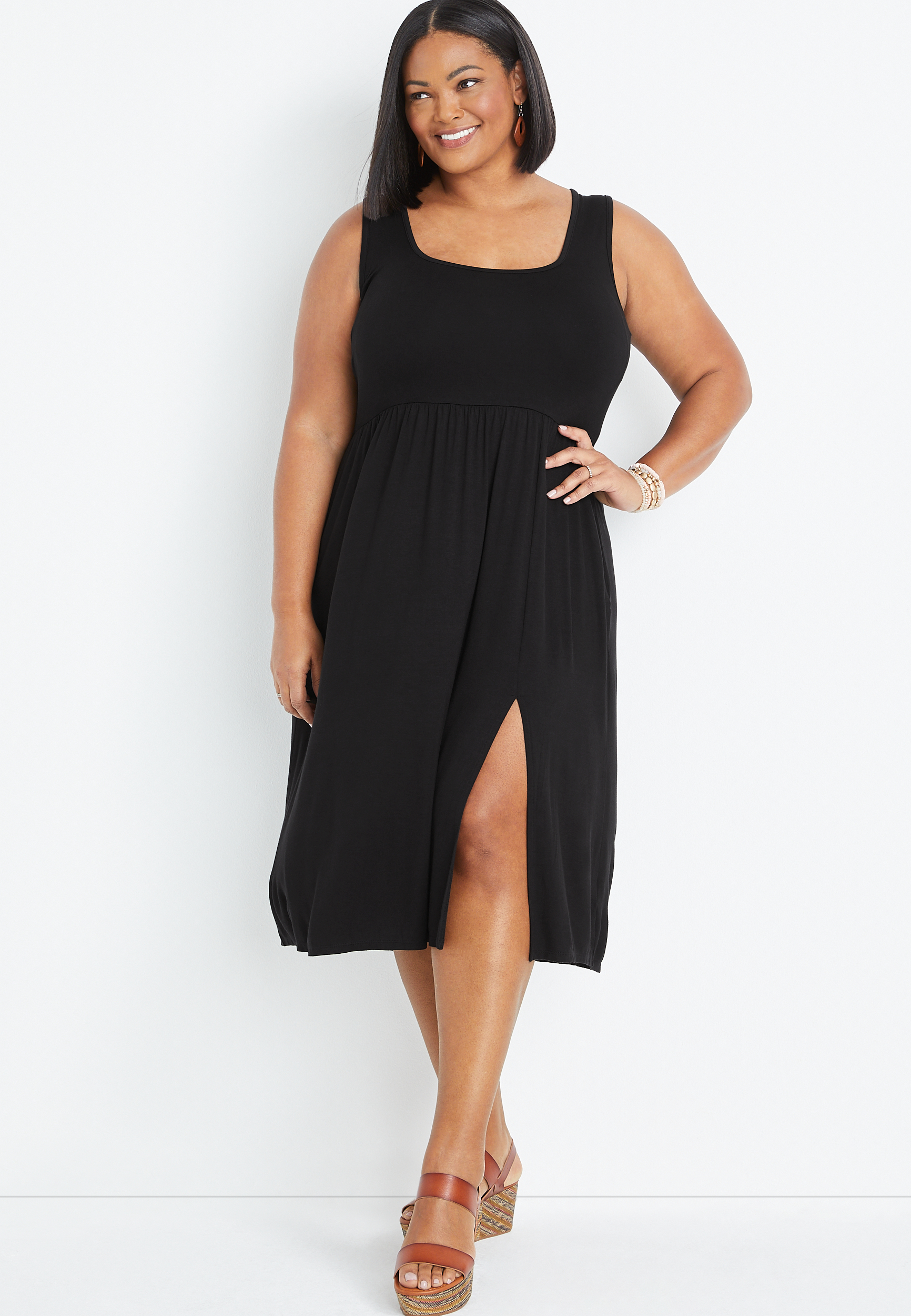Plus Size 24/7 Black Square Neck Midi Dress | maurices