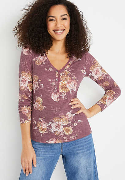 Pink Floral Long Sleeve Lace Henley Tee