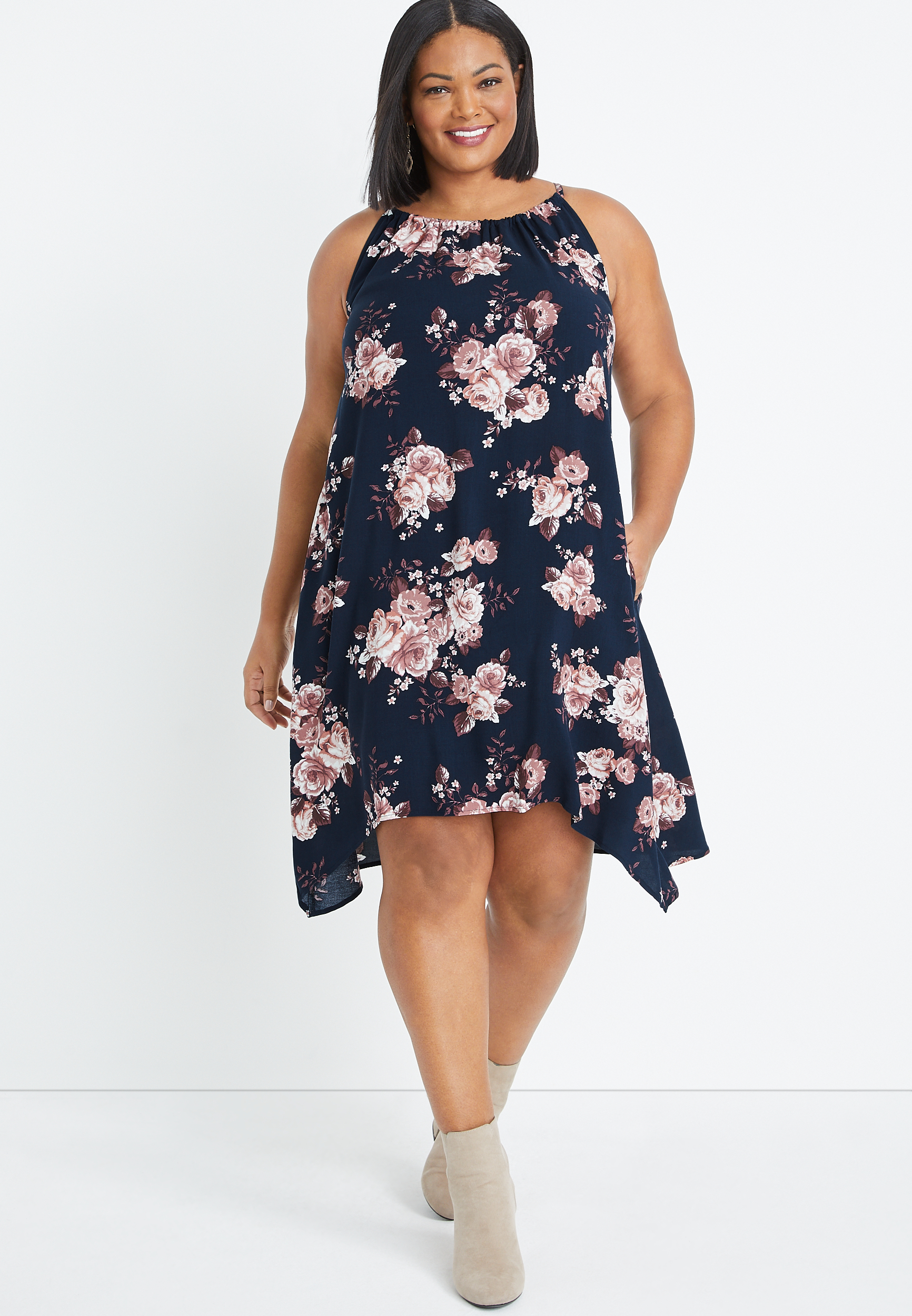Plus Size Navy Floral Halter Neck Mini Dress | maurices