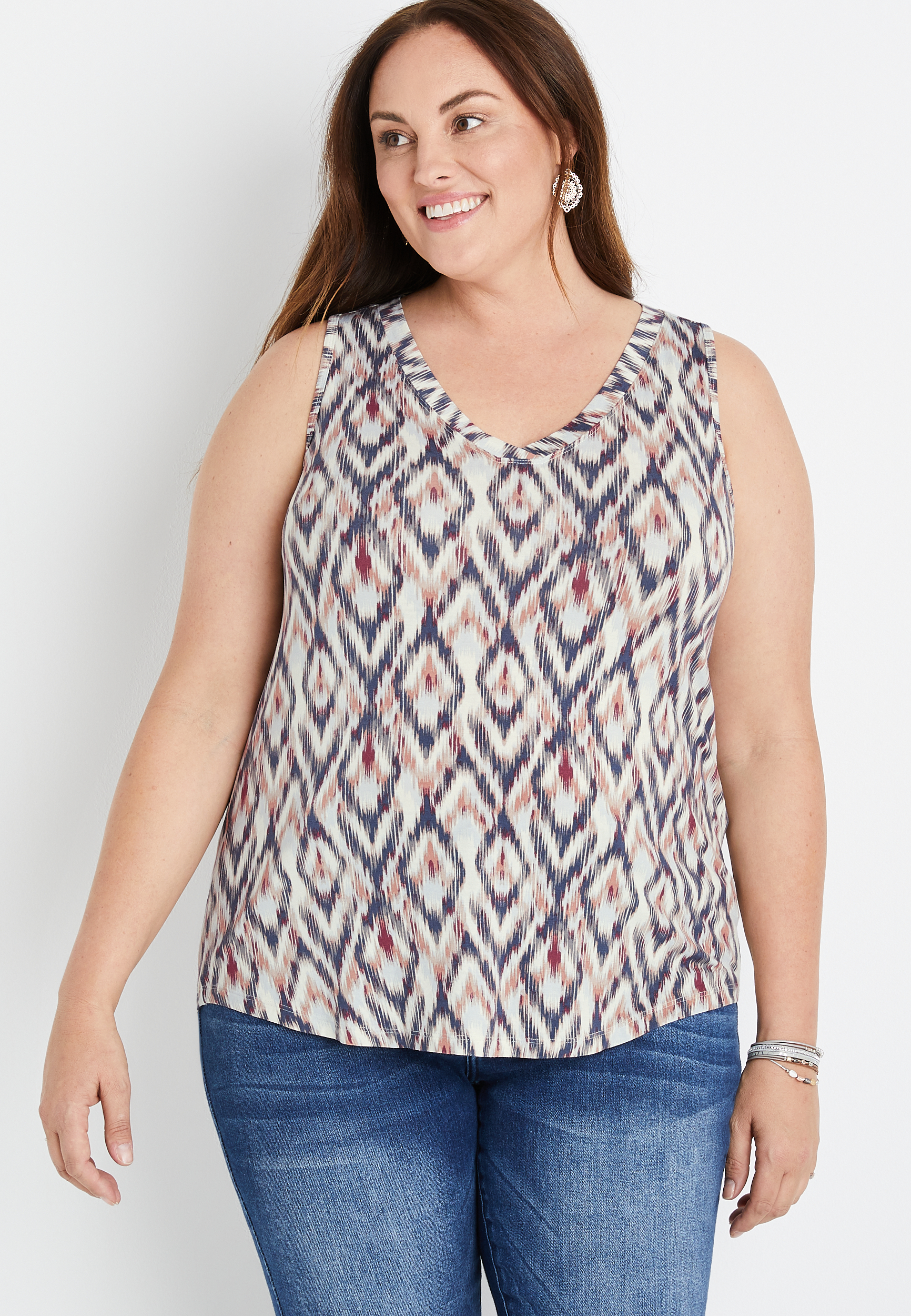 Plus Size 24/7 Flawless Ikat V Neck Tank Top | maurices
