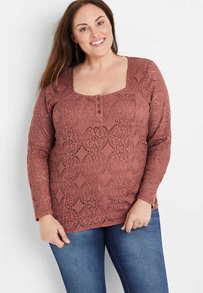 Plus Size Solid Lace Square Neck Henley Top