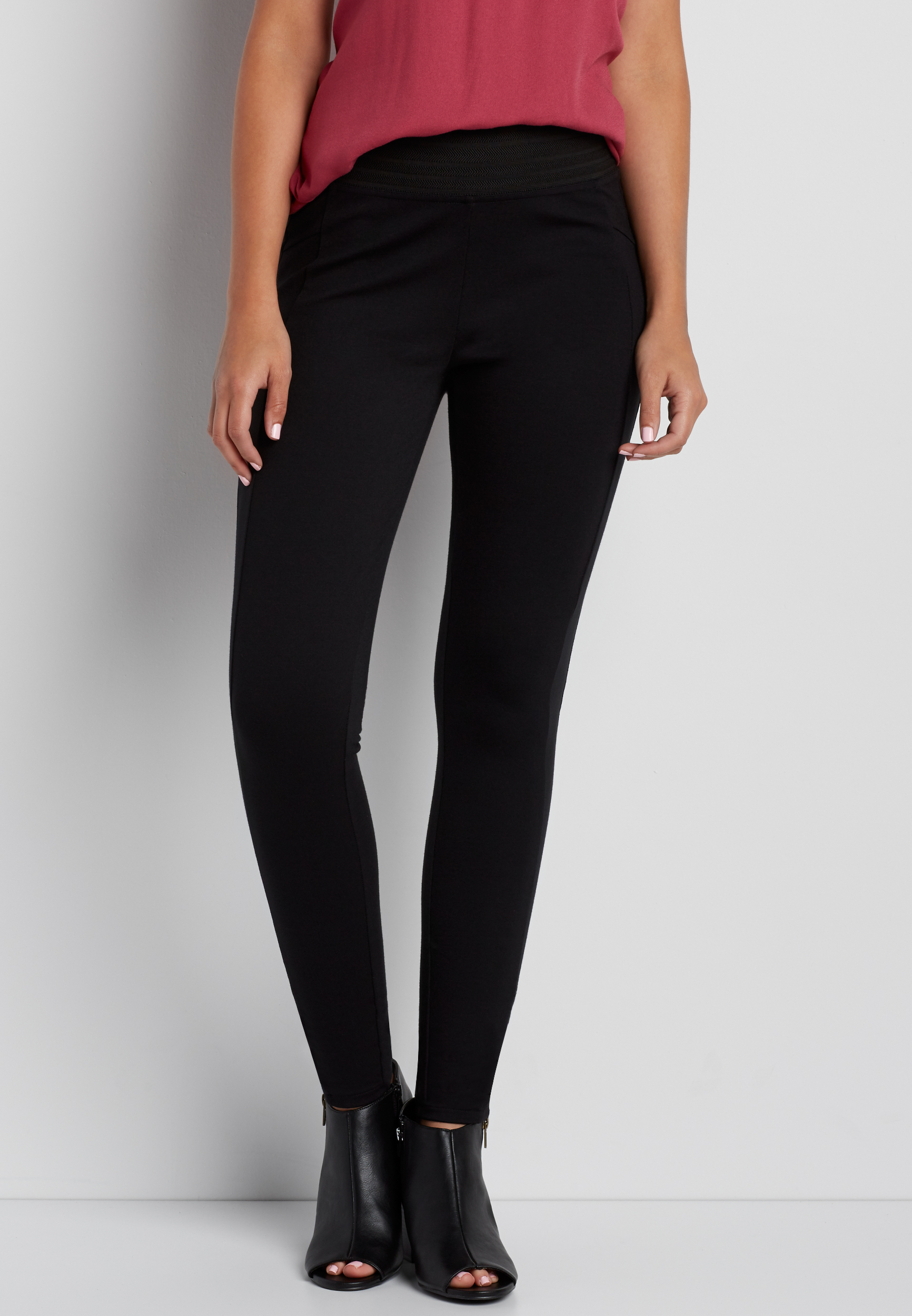 the skinny ponte pant with high elastic waistband in black maurices