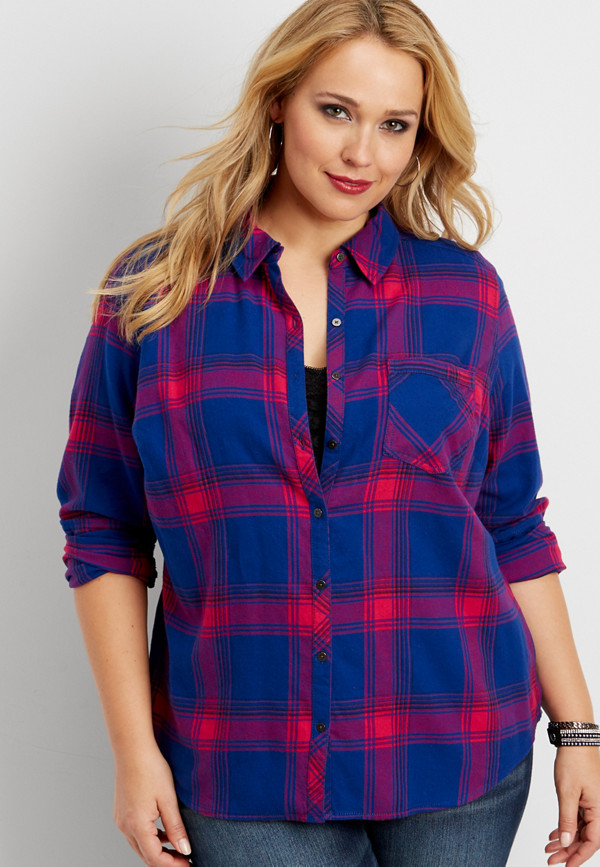 plus size button down blue and hot pink flannel shirt.