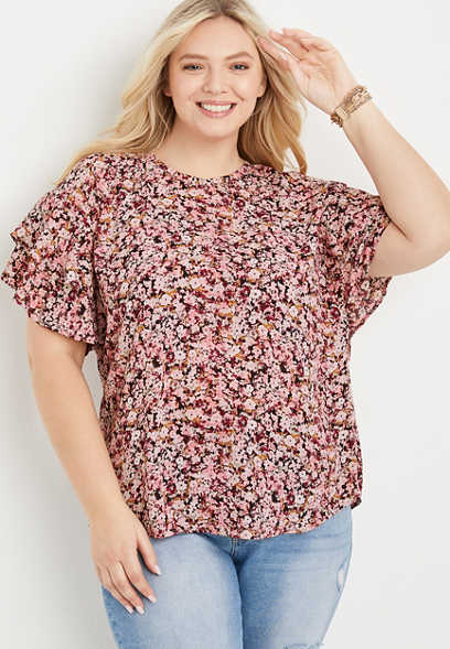 Plus Size Pink Floral Flutter Sleeve Top