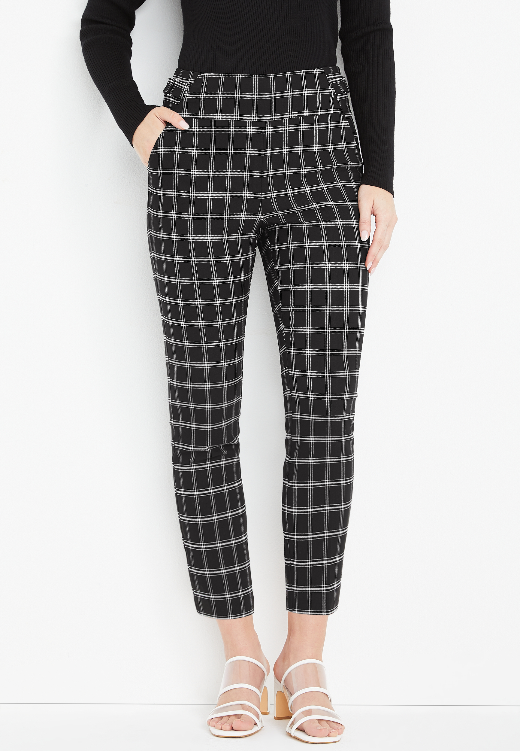 Black Bengaline Plaid Cropped Dress Pant