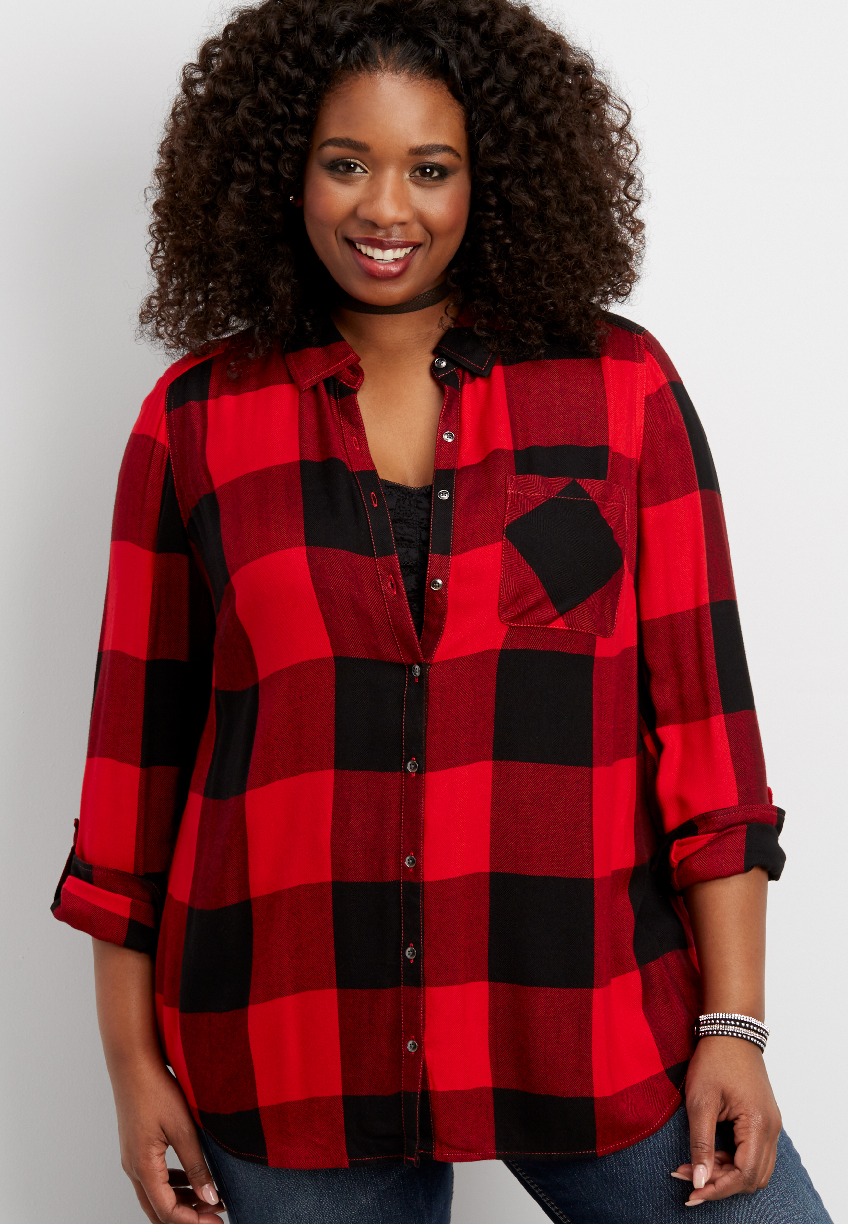 plus size button down buffalo plaid shirt with button down back | maurices