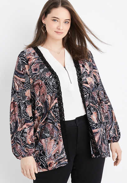 Plus Size Black Floral Crochet Trim Kimono