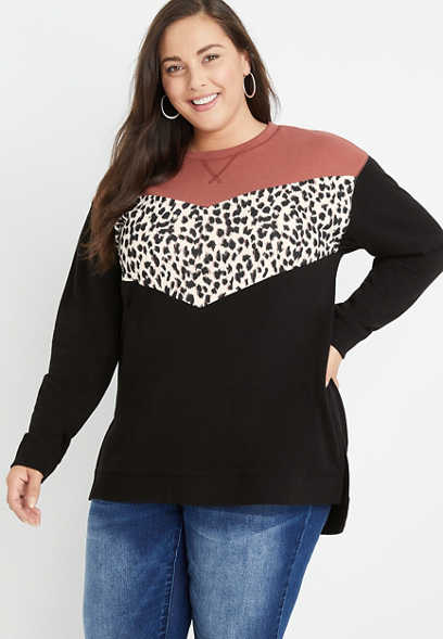 Plus Size Willowsoft Black Leopard Tunic Sweatshirt
