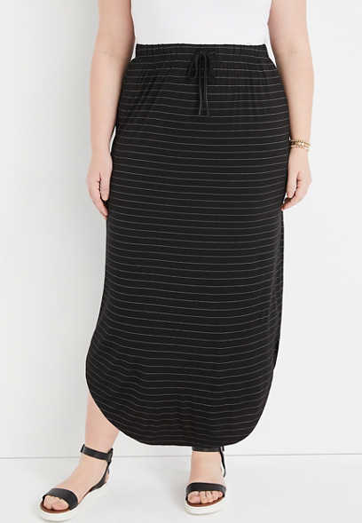 Plus Size Striped High Rise Black Maxi Skirt