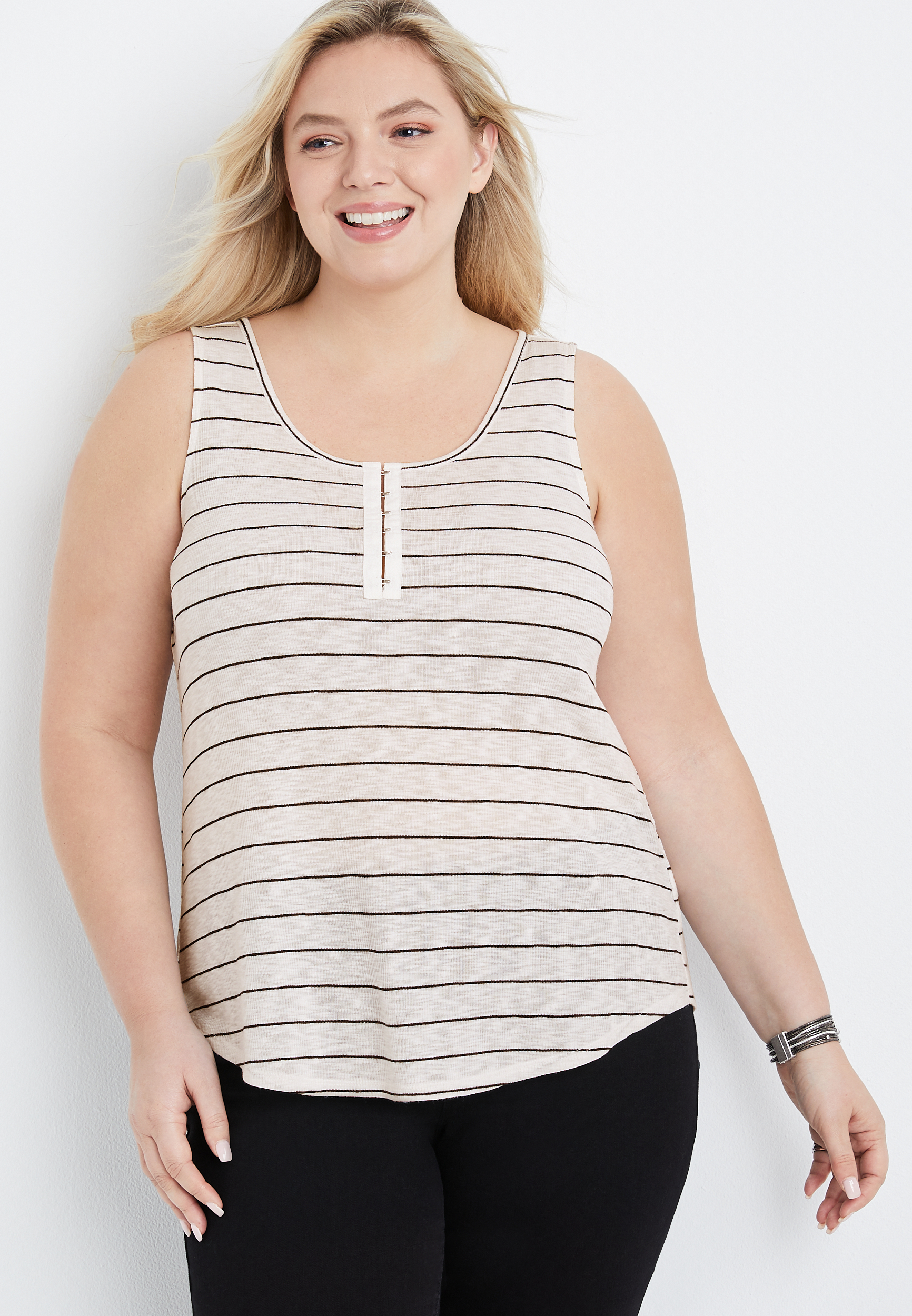 Plus Size Stripe Hook and Eye Henley Tank Top | maurices