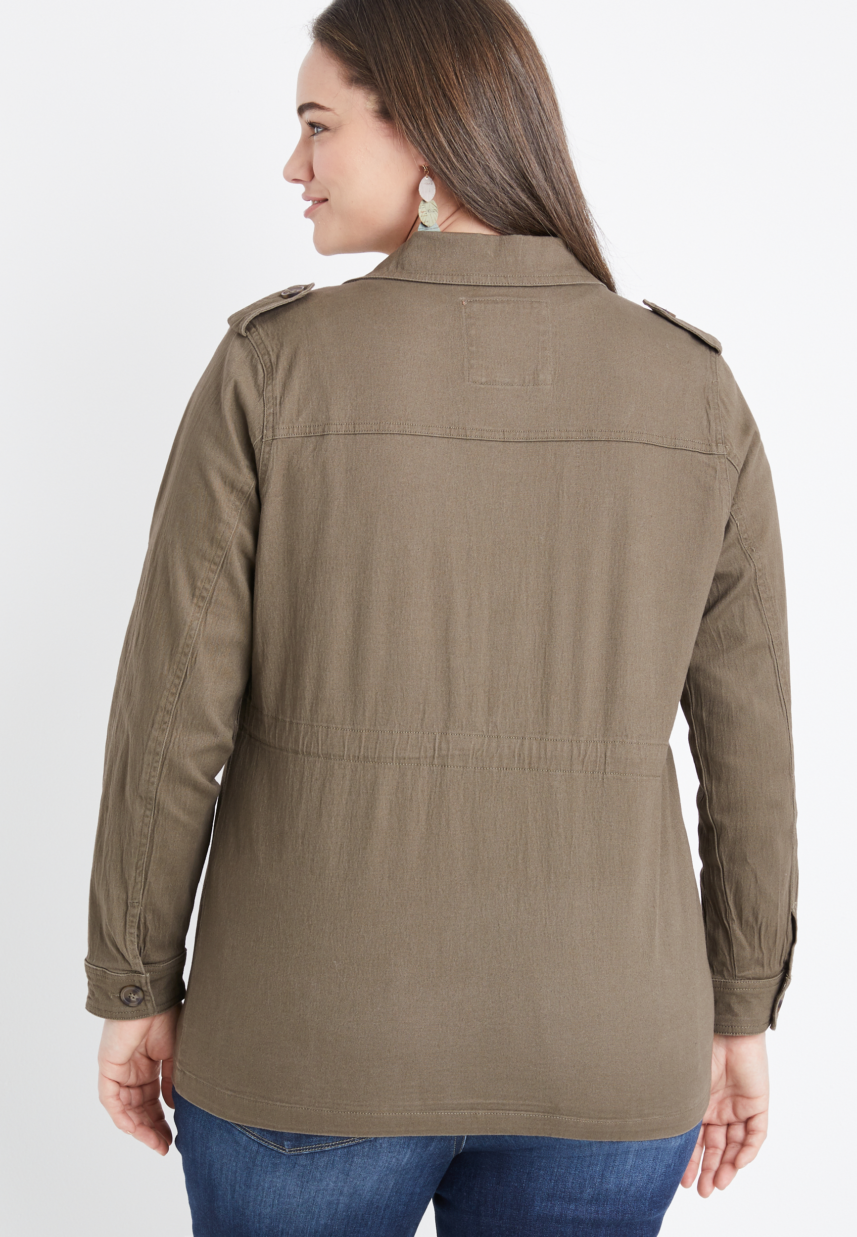 Plus Size Solid Cinched Waist Utility Jacket, , large