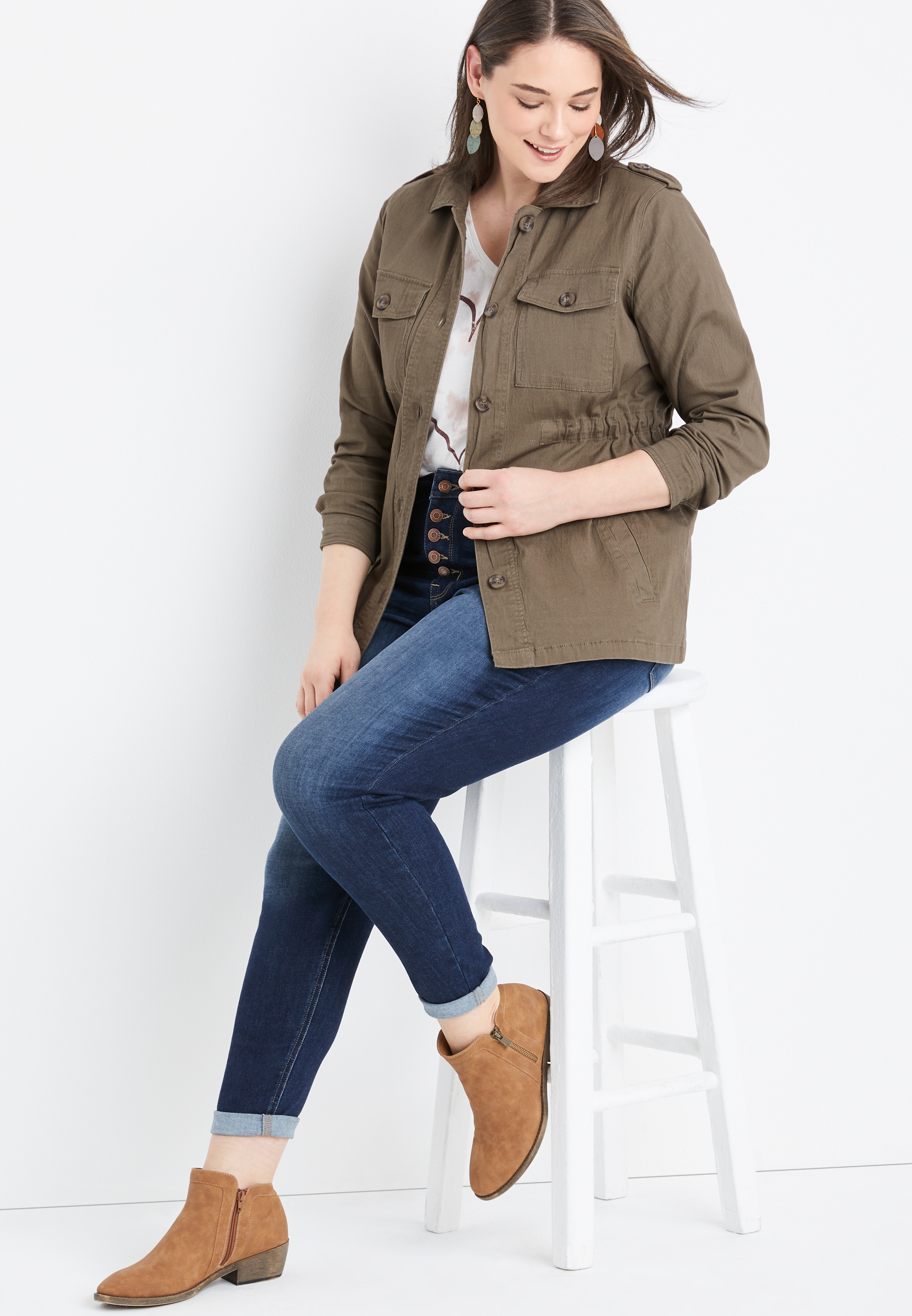 Plus Size Solid Cinched Waist Utility Jacket, , large