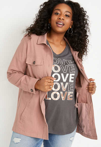 Plus Size Solid Cinched Waist Utility Jacket