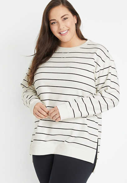 Plus Size Willowsoft White Stripe Tunic Sweatshirt