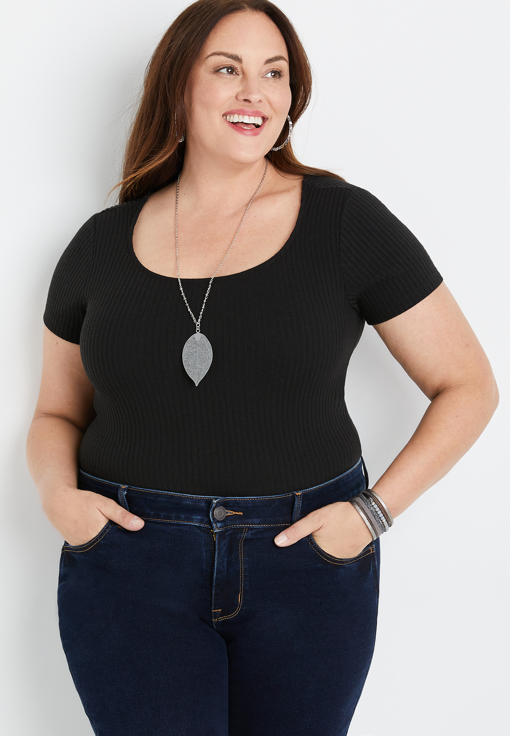 Plus Size Black Ribbed Short Sleeve Bodysuit | maurices