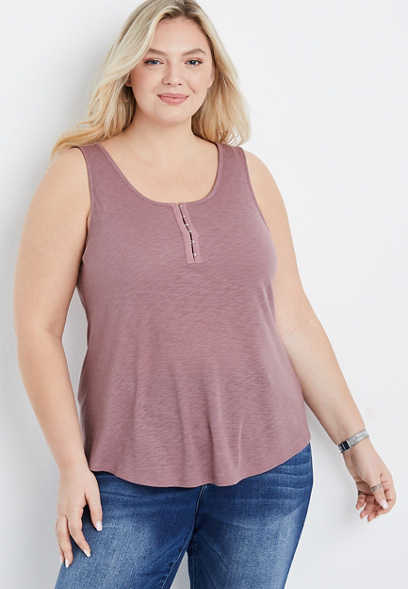 Plus Size Solid Hook and Eye Henley Tank Top