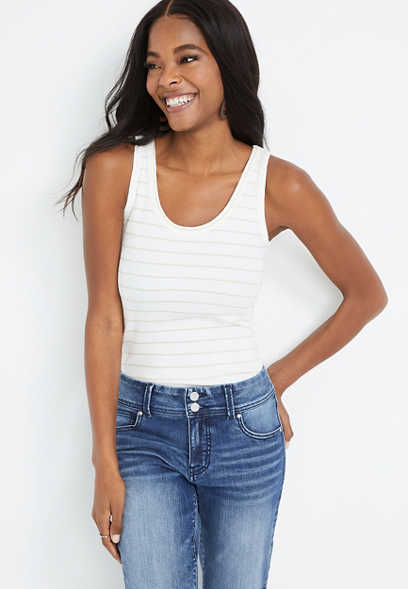 White Striped Scoop Neck Ribbed Tank Top