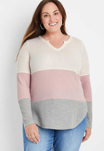 Plus Size Solid Colorblock Long Sleeve Waffle Tee