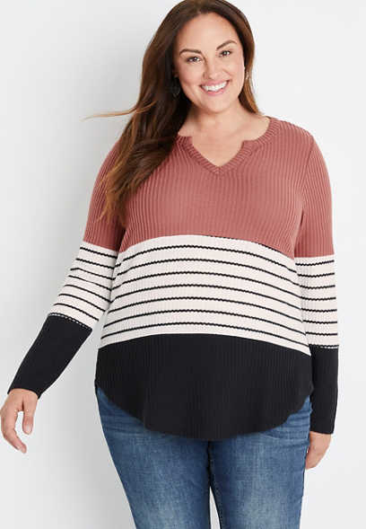 Plus Size Colorblock Striped Long Sleeve Waffle Tee
