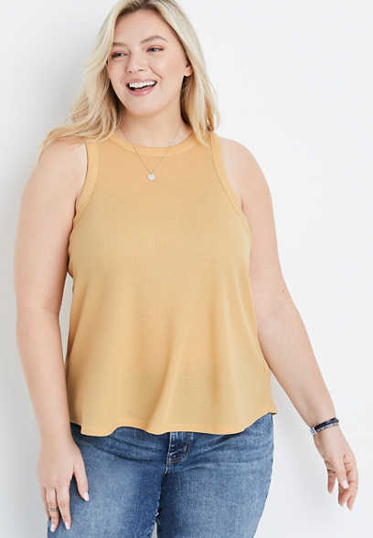 Plus Size Solid High Neck Waffle Tank Top