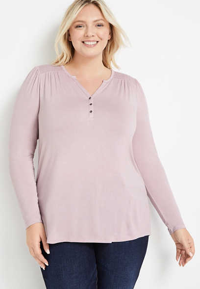 Plus Size Solid Smocked Long Sleeve Tee