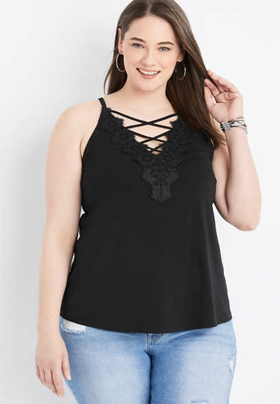 Plus Size Solid Strappy Crochet Tank Top