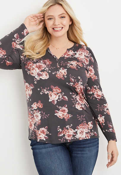 Plus Size Gray Floral Smocked Long Sleeve Tee