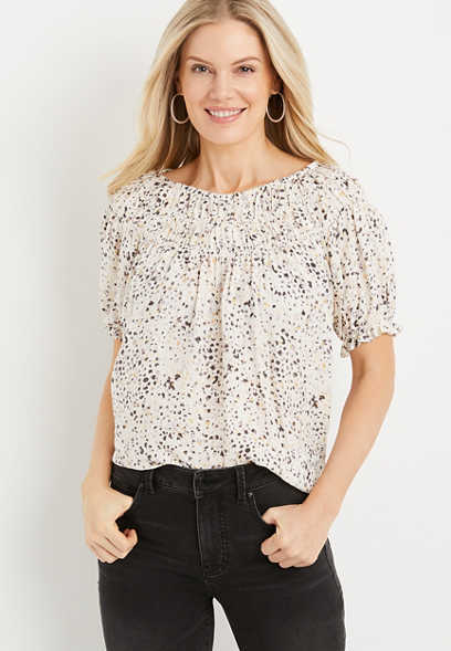 White Dot Ruched Neck Blouse