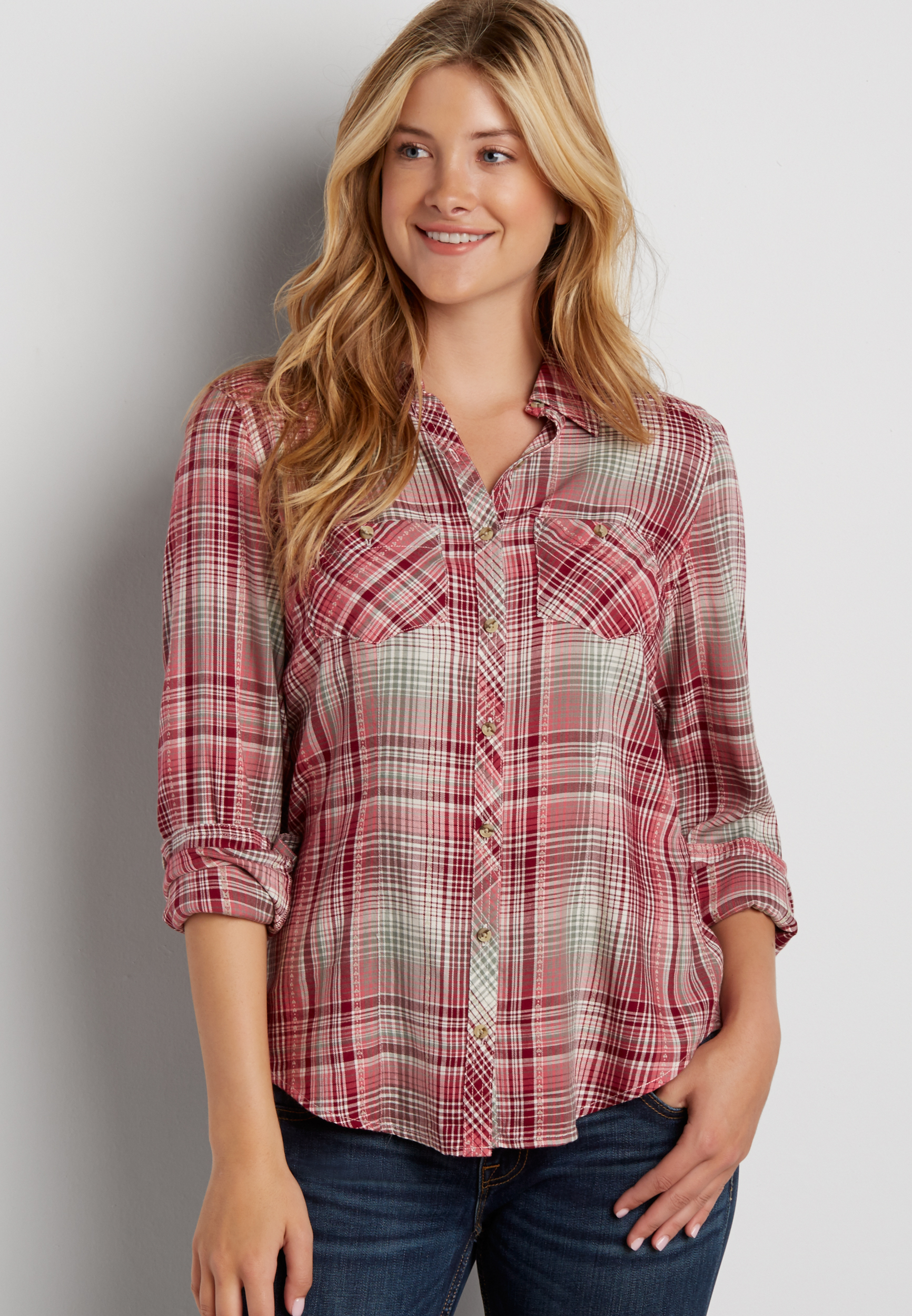 button down plaid shirt in rose petal combo | maurices
