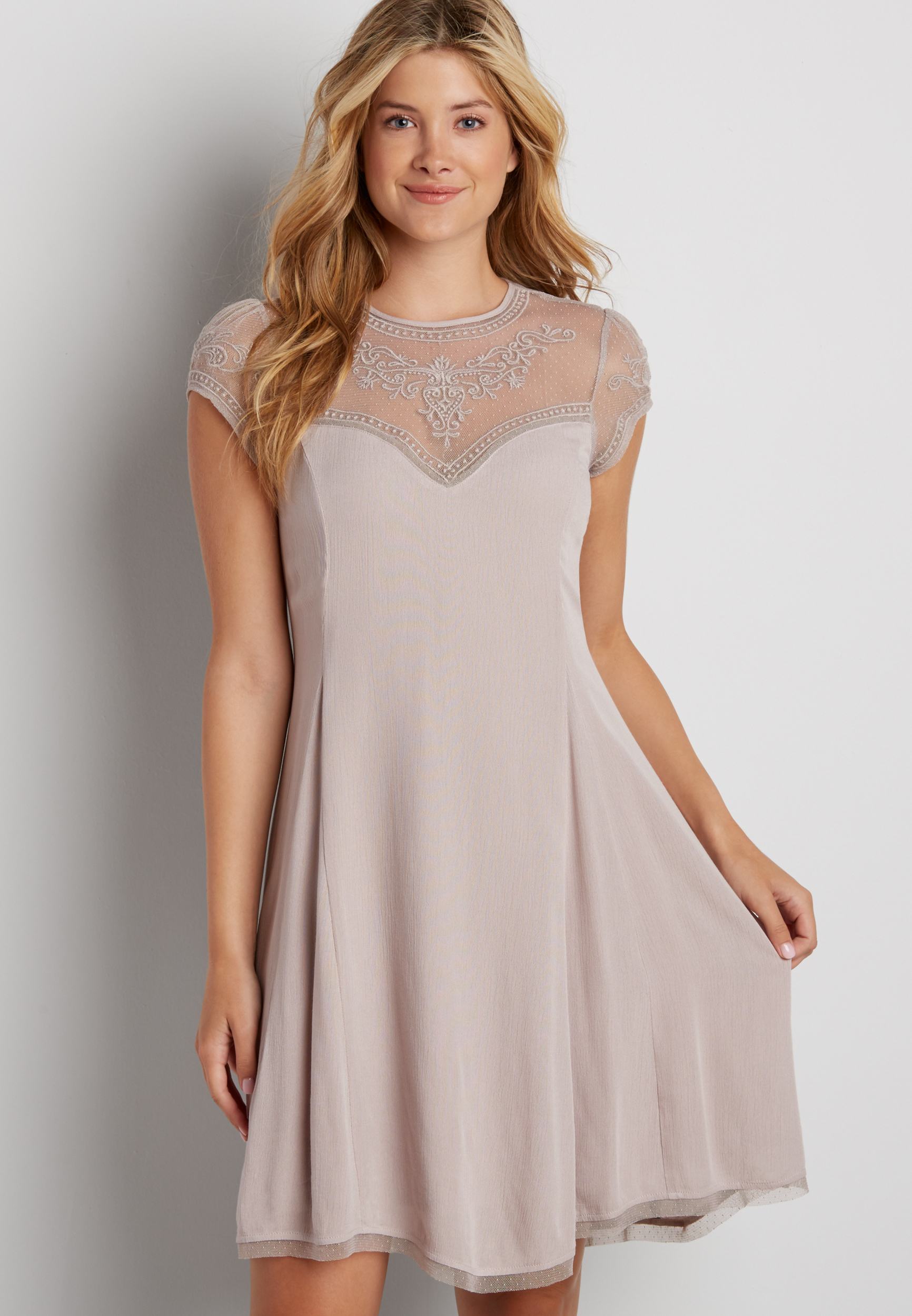 dress with embroidered yoke and short sleeves in storm cloud | maurices