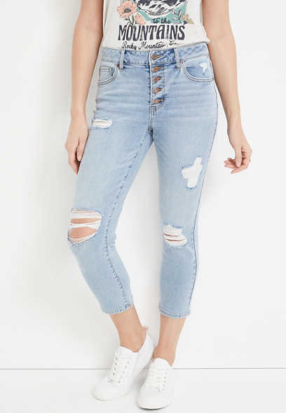 m jeans by maurices™ Straight High Rise Ripped Button Fly Cropped Jean
