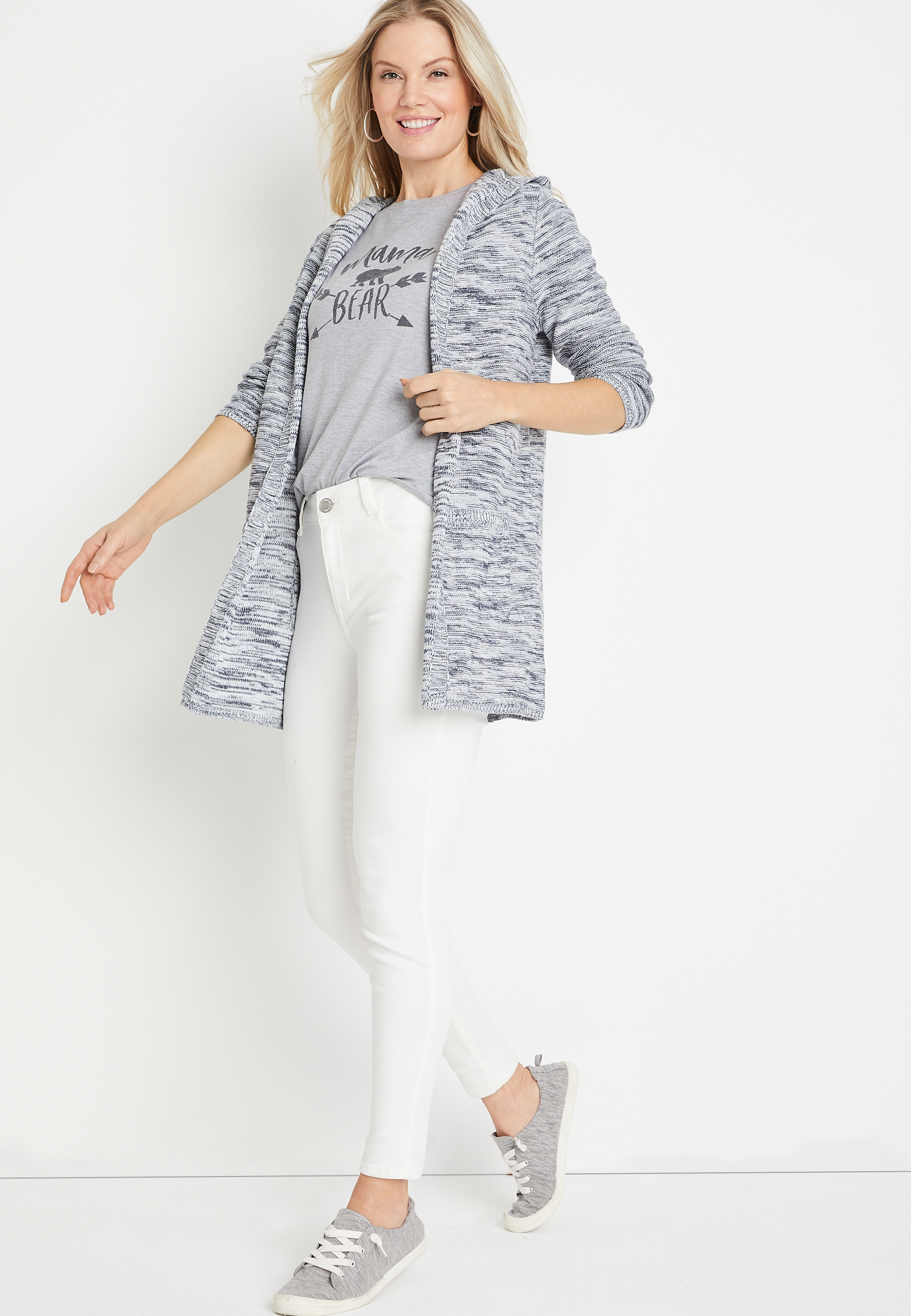 Gray Spacedye Hooded Long Sleeve Cardigan, C6306, large