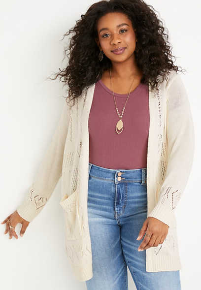 Plus Size Solid Pocket Long Sleeve Duster Cardigan