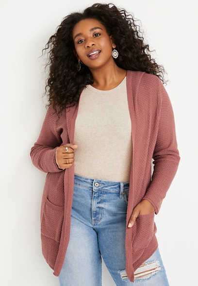 Plus Size Pink Long Sleeve Hooded Cardigan