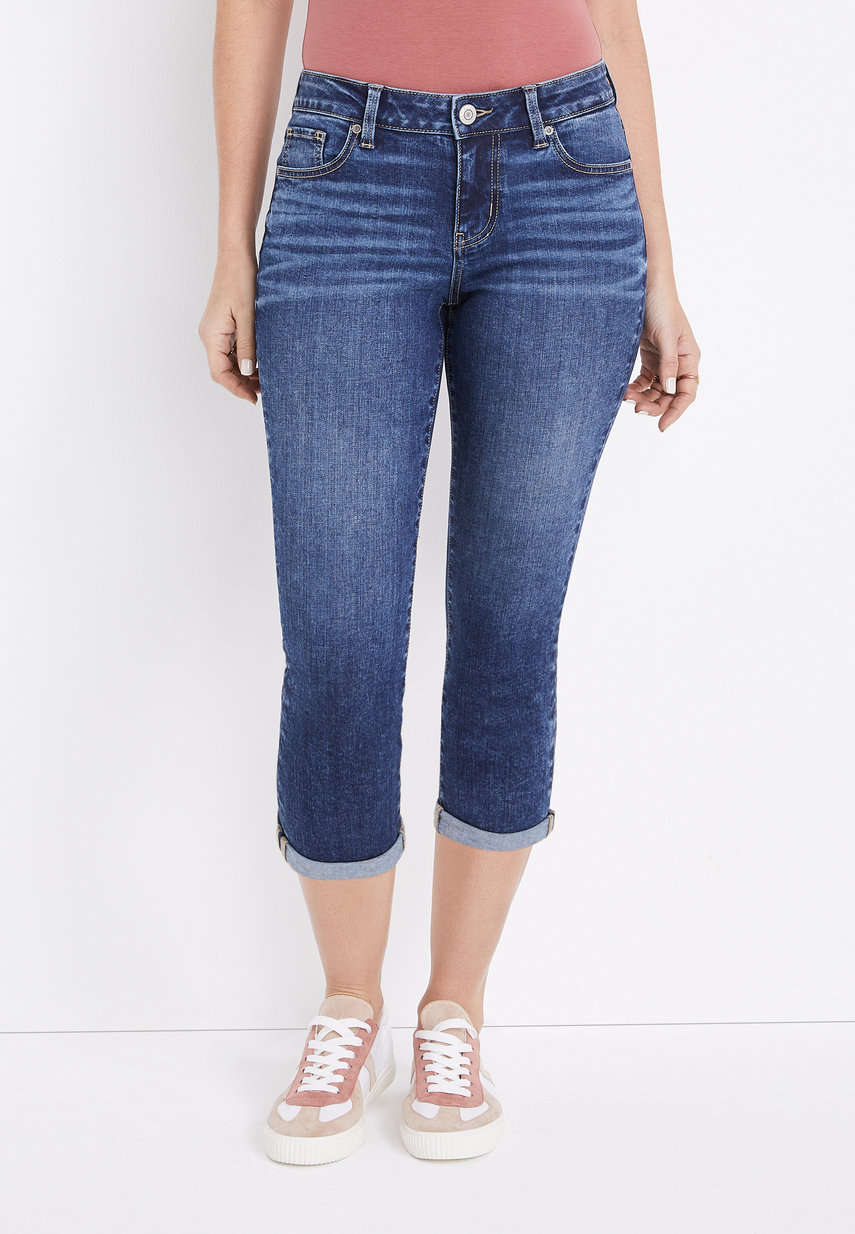 m jeans by maurices™ Mid Rise Rolled Hem Capri | maurices